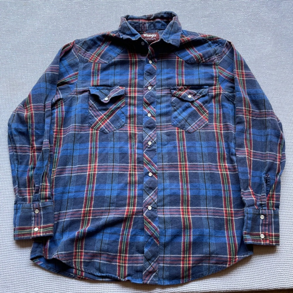 Wrangler Western Flannel Shirt Mens Large Blue Plaid Pearl Snap Cowboy Yoke L